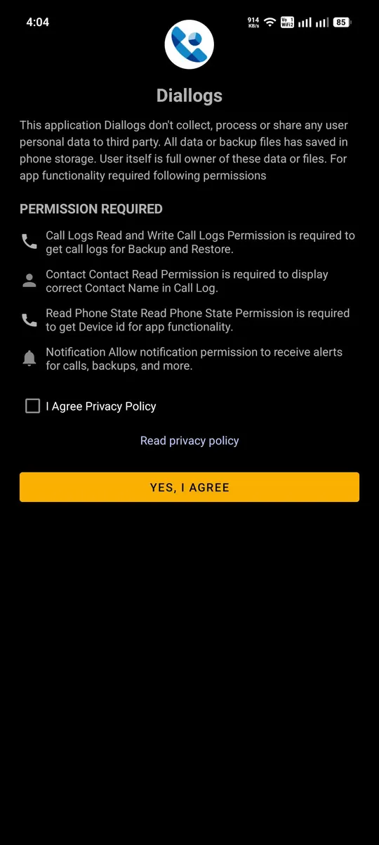 Diallogs app: Agree to the Privacy Policy